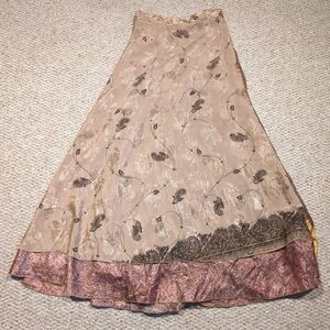 Jack Pot Wrap Skirt One Size Brown Tan Paisley 100% Silk Midi Boho Festival Art